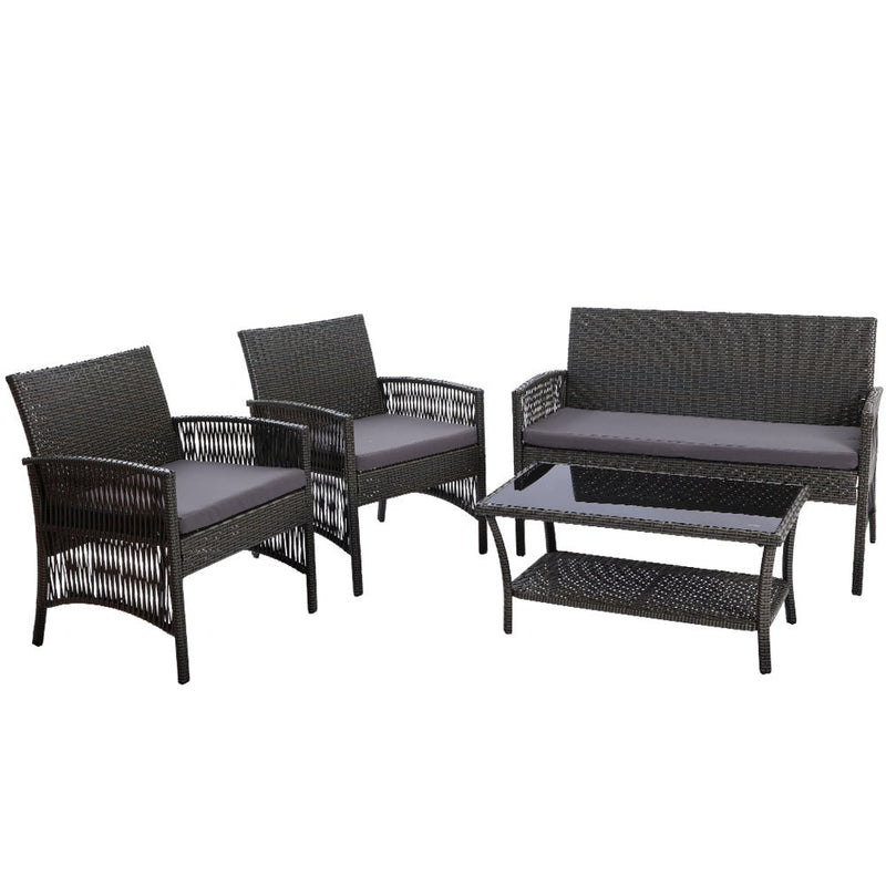 Furniture > Outdoor - Gardeon 4 PCS Outdoor Furniture Lounge Setting Wicker Dining Set Grey - Garden Yard