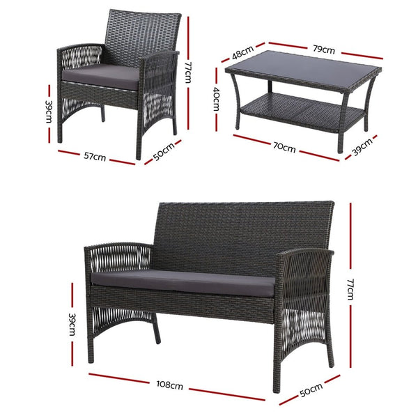 Furniture > Outdoor - Gardeon 4 PCS Outdoor Furniture Lounge Setting Wicker Dining Set Grey - Garden Yard