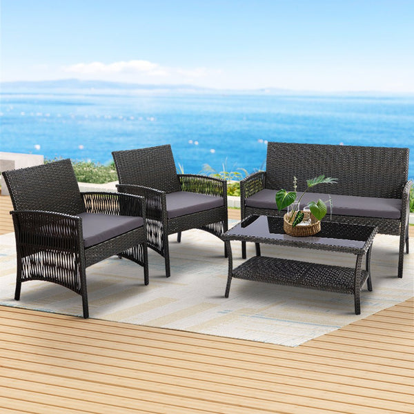 Furniture > Outdoor - Gardeon 4 PCS Outdoor Furniture Lounge Setting Wicker Dining Set Grey - Garden Yard