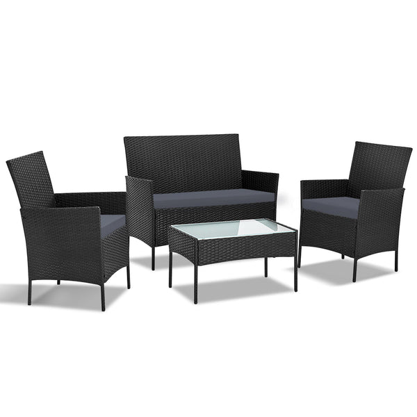 Furniture > Outdoor - Gardeon 4 - piece Outdoor Lounge Setting Wicker Patio Furniture Dining Set Black - Garden Yard
