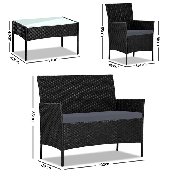 Furniture > Outdoor - Gardeon 4 - piece Outdoor Lounge Setting Wicker Patio Furniture Dining Set Black - Garden Yard