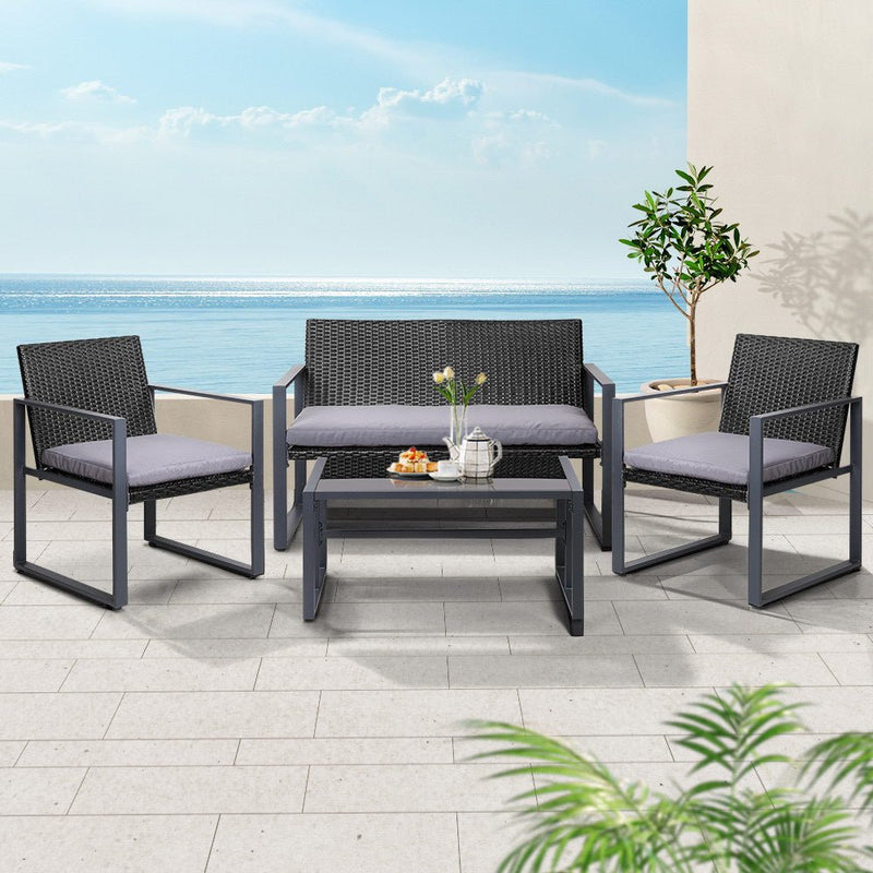 Furniture > Outdoor - Gardeon 4PC Outdoor Furniture Patio Table Chair Black - Garden Yard