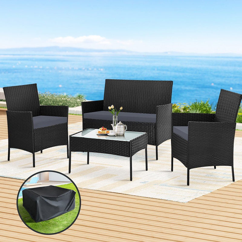 Furniture > Outdoor - Gardeon Outdoor Furniture Lounge Setting Wicker Patio Dining Set w/Storage Cover Black - Garden Yard