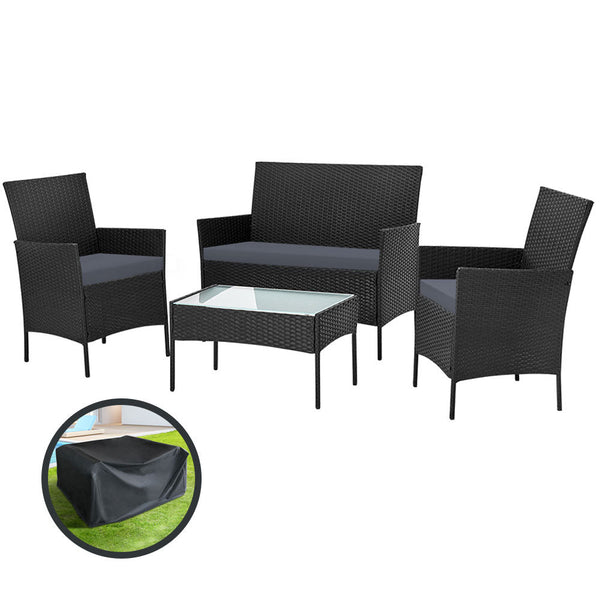 Furniture > Outdoor - Gardeon Outdoor Furniture Lounge Setting Wicker Patio Dining Set w/Storage Cover Black - Garden Yard