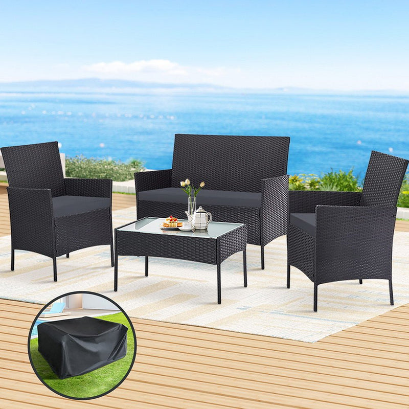 Furniture > Outdoor - Gardeon Outdoor Furniture Lounge Setting Wicker Patio Dining Set w/Storage Cover Grey - Garden Yard