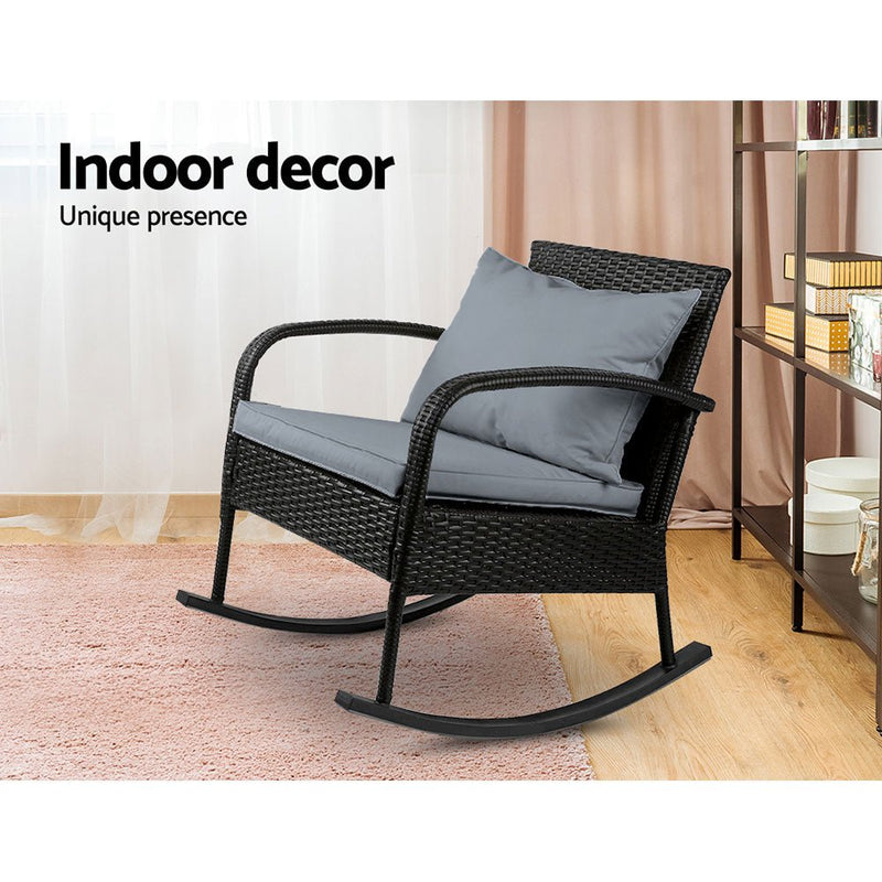 Furniture > Outdoor - Gardeon Outdoor Furniture Rocking Chair Wicker Garden Patio Lounge Setting Black - Garden Yard