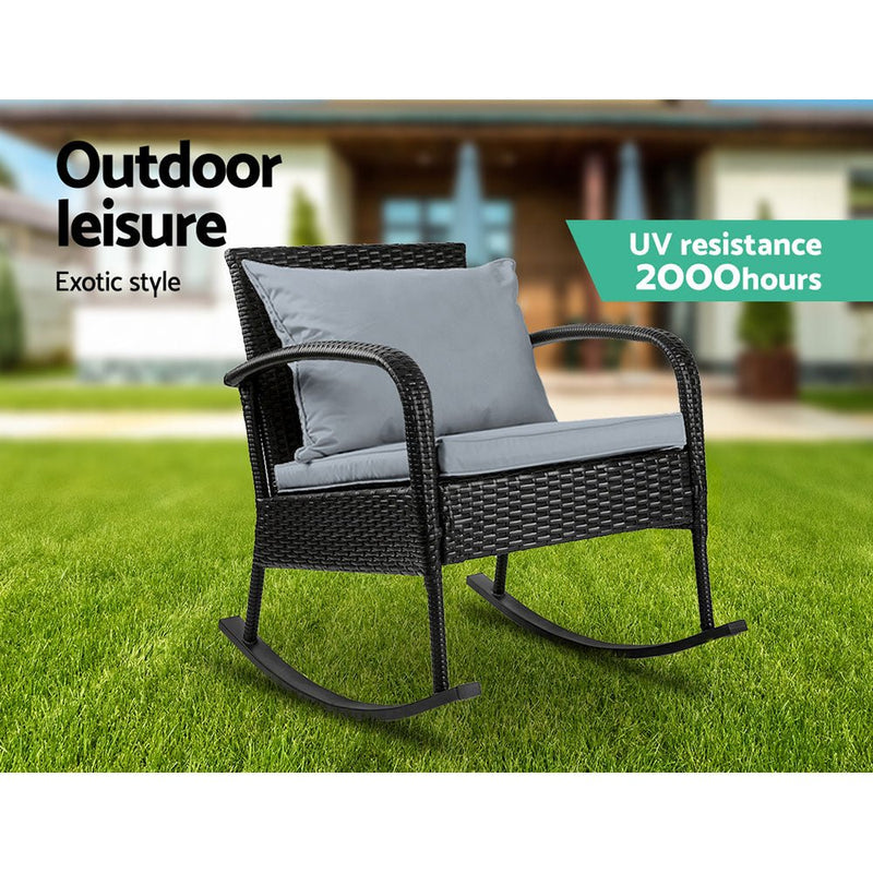 Furniture > Outdoor - Gardeon Outdoor Furniture Rocking Chair Wicker Garden Patio Lounge Setting Black - Garden Yard