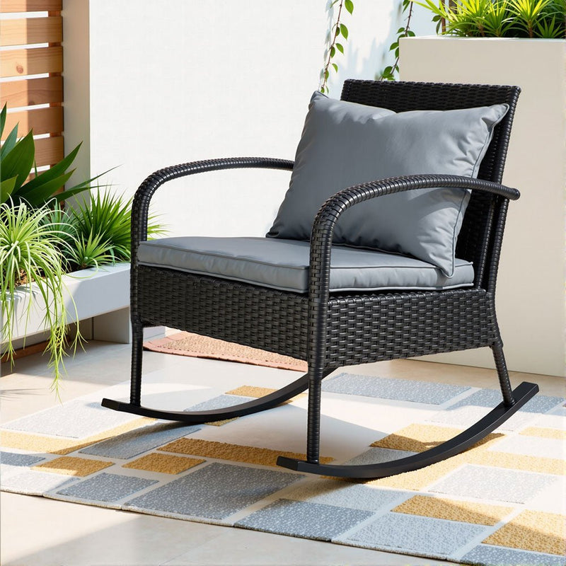 Furniture > Outdoor - Gardeon Outdoor Furniture Rocking Chair Wicker Garden Patio Lounge Setting Black - Garden Yard