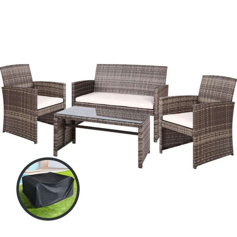 Furniture > Outdoor - Gardeon Rattan Furniture Outdoor Lounge Setting Wicker Dining Set w/Storage Cover Mixed Grey - Garden Yard
