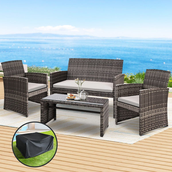 Furniture > Outdoor - Gardeon Rattan Furniture Outdoor Lounge Setting Wicker Dining Set w/Storage Cover Mixed Grey - Garden Yard