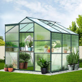 Square walk-in polycarbonate garden greenhouse with aluminium frame in backyard