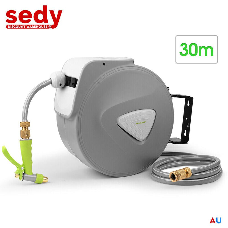  - Garden Spray Gun Auto Rewind Wall Water Hose Mount Hose Reel 30M Retractable - Garden Yard