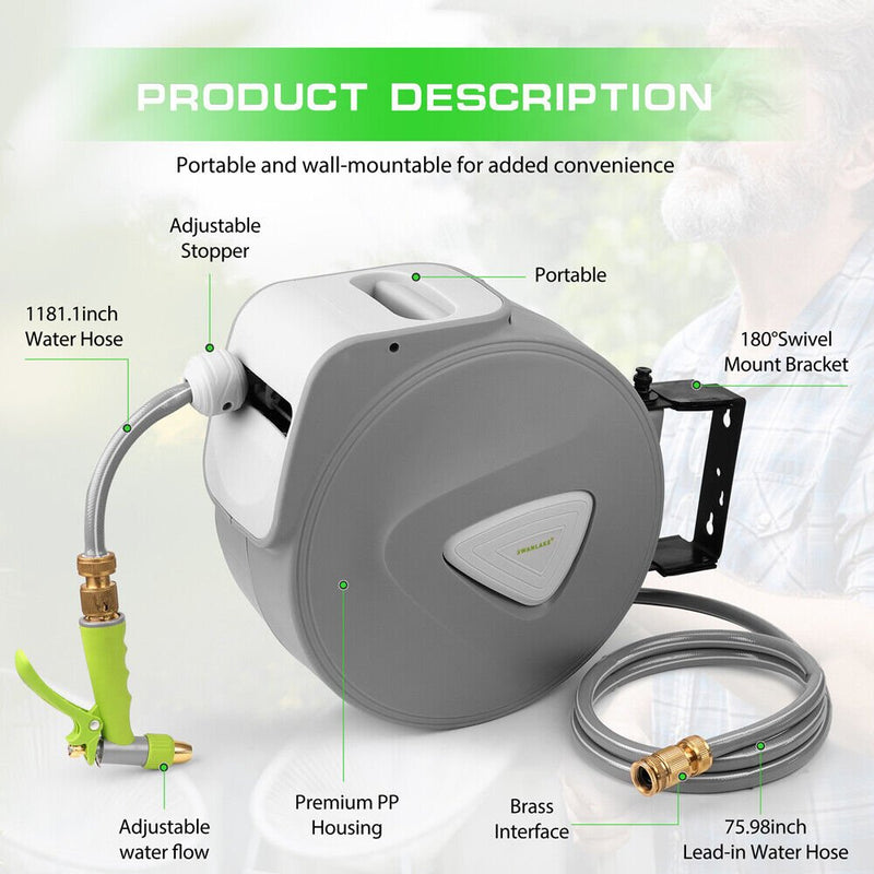  - Garden Spray Gun Auto Rewind Wall Water Hose Mount Hose Reel 30M Retractable - Garden Yard