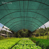 70 percent green shade cloth roll installed over a greenhouse skeleton structure
