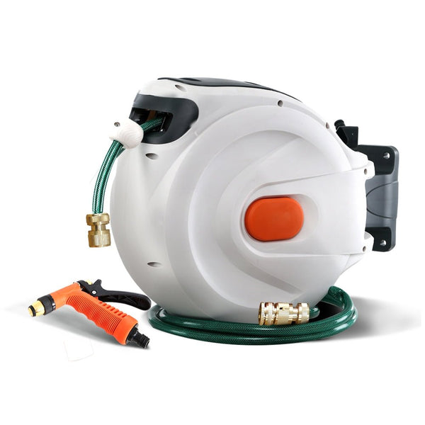  - Greenfingers Retractable Hose Reel 30M Garden Water Brass Spray Gun Auto Rewind - Garden Yard