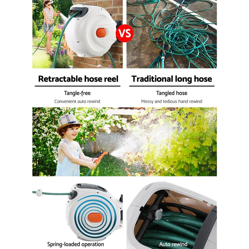  - Greenfingers Retractable Hose Reel 30M Garden Water Brass Spray Gun Auto Rewind - Garden Yard