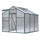 Aluminium greenhouse with polycarbonate panels and a triangular framework. It includes a lockable door and a gutter system.