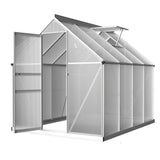 Hinged locking door and adjustable roof ventilation window on aluminum greenhouse