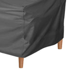 Side panel and corner seam of a grey patio chair cover with a wooden chair leg visible