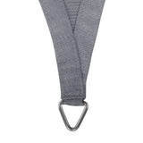 Close-up of grey shade sail corner showing 38mm webbed edging and 8mm stainless steel buckle detail.