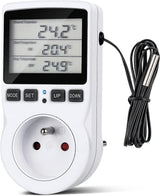 Digital heating thermostat plug socket with cabled temperature sensor probe