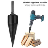 Heavy duty 38mm industrial wood splitter drill bit with hex shank adapter on a white background.