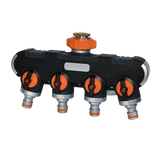Heavy duty 4-way garden tap splitter showing the four independent shut-off valves and green comfort grip knobs.