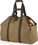 Khaki canvas firewood basket indoor loaded with split firewood logs