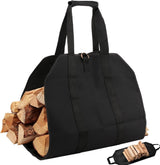 Black canvas open-style firewood basket indoor filled with heavy split ironbark logs by a modern home fireplace.
