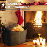 Charcoal grey felt firewood basket indoor filled with split red gum logs next to a modern fireplace.