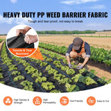Infographic showing tear-resistant heavy duty polypropylene weed barrier fabric installed across farm crops with hands pulling test inset
