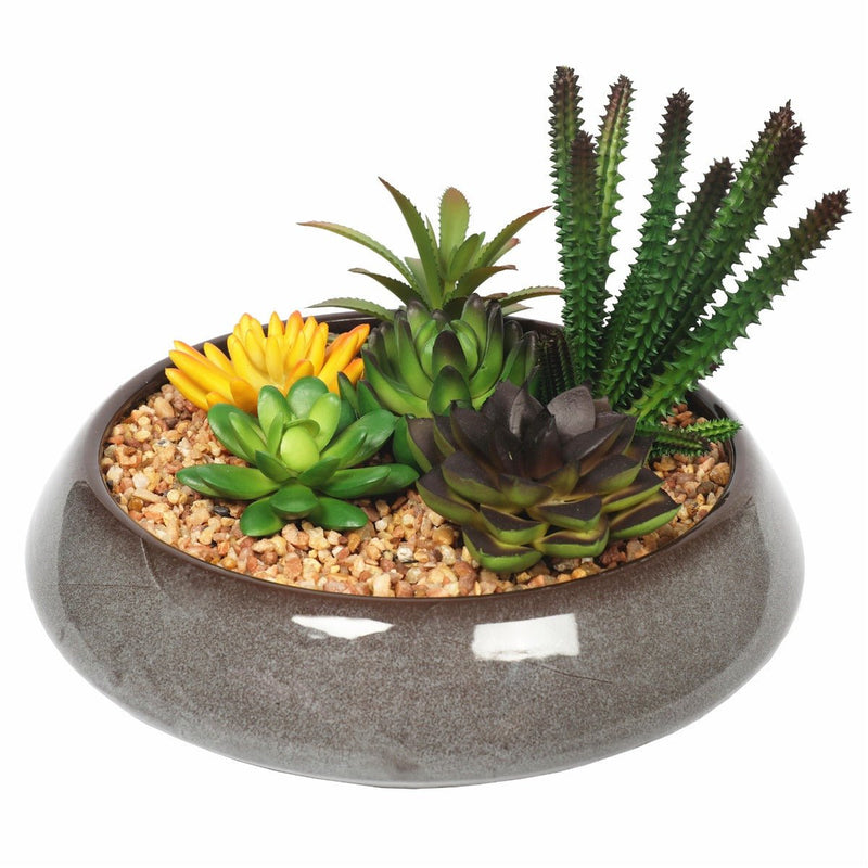 Home & Garden > Artificial Plants > Artifical Flowers & Plants - Potted Artificial Succulents with Round Decorative Bowl 19cm - Garden Yard