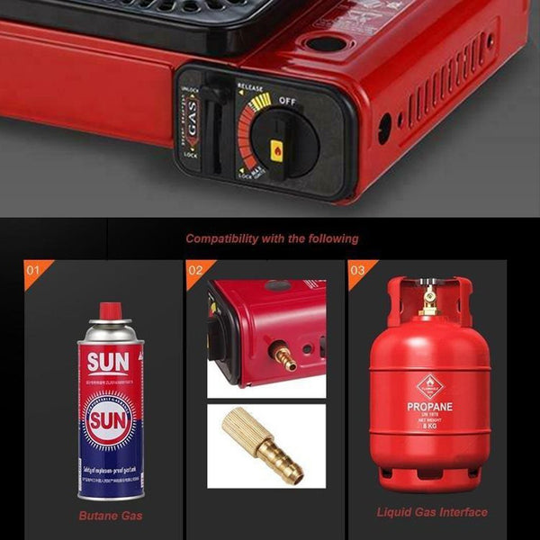 Home & Garden > BBQ > BBQ Tools - Portable Gas Stove Burner Butane BBQ Camping Gas Cooker With Non Stick Plate Red without Fish Pan and Lid - Garden Yard