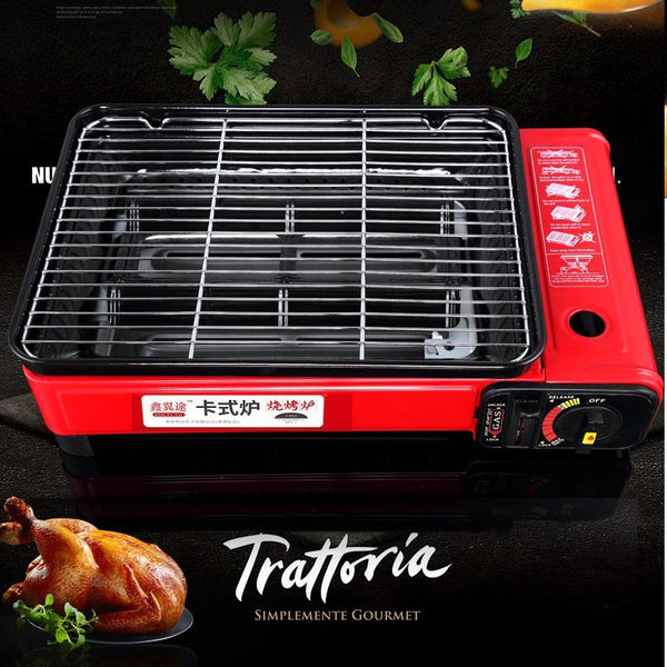 Home & Garden > BBQ > BBQ Tools - Portable Gas Stove Burner Butane BBQ Camping Gas Cooker With Non Stick Plate Red without Fish Pan and Lid - Garden Yard