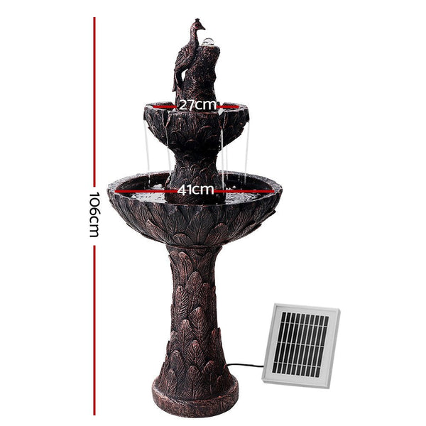 Home & Garden > Fountains > Fountain & Ponds Accessories - Gardeon Solar Water Feature Tier Fountain with Pump Kit Bird Bath 106CM Peacock - Garden Yard