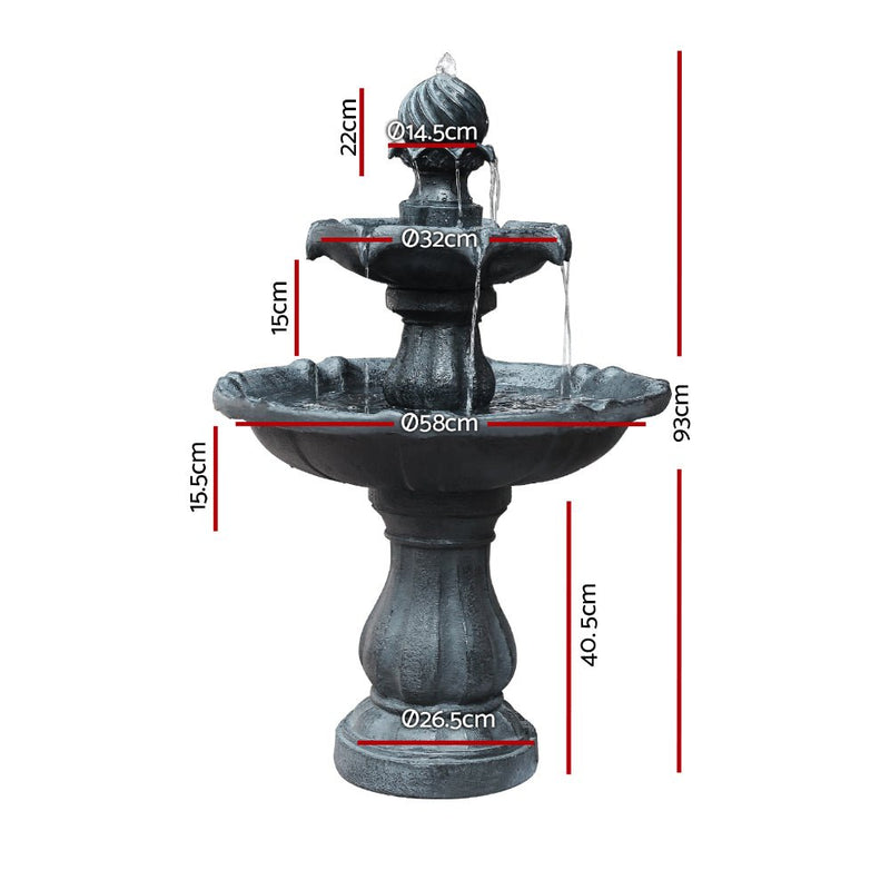 Home & Garden > Fountains - Gardeon Solar Water Feature 3 - Tier Fountain with Pump Kit Bird Bath 93CM Black - Garden Yard Aus