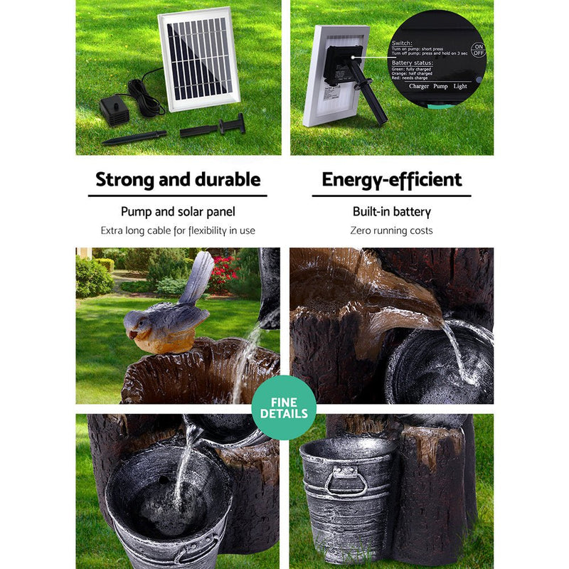 Home & Garden > Fountains - Gardeon Solar Water Feature Cascading Fountain 3 - Tier Bucket LED light Bird 76CM - Garden Yard Aus