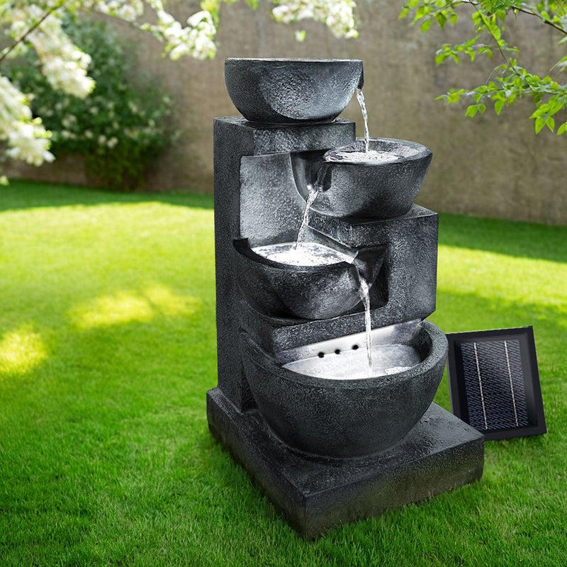 Home & Garden > Fountains - Gardeon Solar Water Feature Cascading Fountain 4 - Tier Bowl LED Lights 72CM Blue - Garden Yard Aus