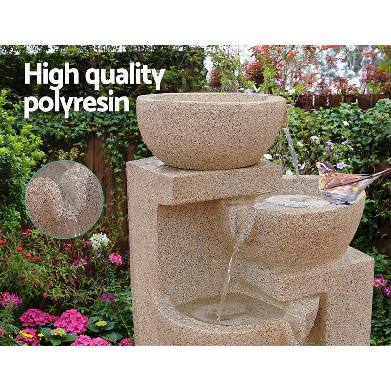 Home & Garden > Fountains - Gardeon Solar Water Feature Cascading Fountain 4 - Tier Bowl LED Lights 72CM Sand - Garden Yard Aus
