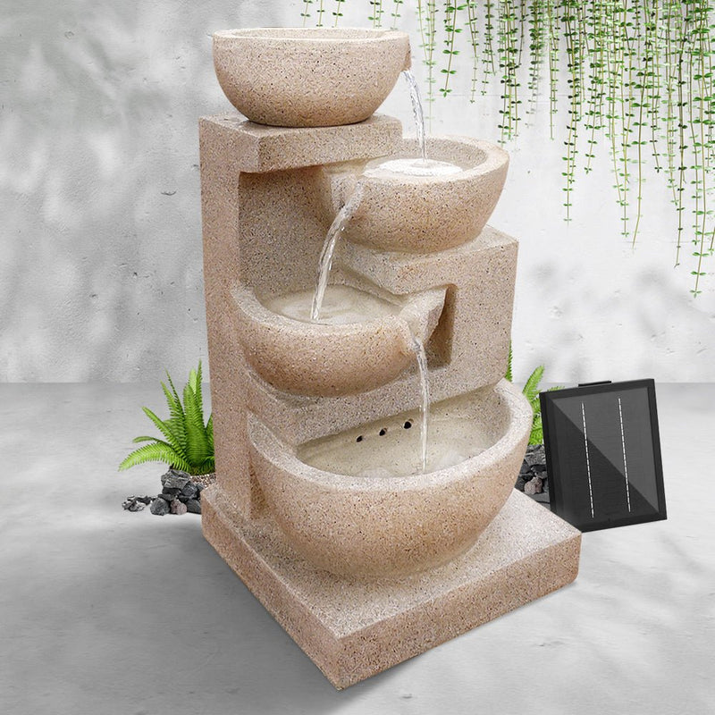 Home & Garden > Fountains - Gardeon Solar Water Feature Cascading Fountain 4 - Tier Bowl LED Lights 72CM Sand - Garden Yard Aus