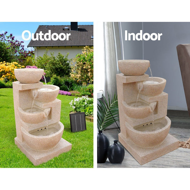 Home & Garden > Fountains - Gardeon Solar Water Feature Cascading Fountain 4 - Tier Bowl LED Lights 72CM Sand - Garden Yard Aus