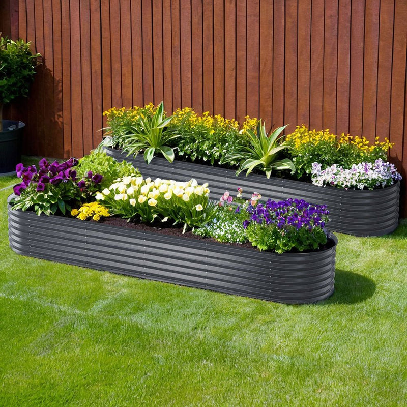 Home & Garden > Garden Beds > Garden Beds & Planters - 2x Green Fingers Raised Garden Bed 320X80X42cm Oval Planter Box Container Galvanised - Garden Yard