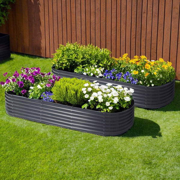 Home & Garden > Garden Beds > Garden Beds & Planters - 2x Raised Green Fingers Garden Bed 240X80X42cm Oval Planter Box Container Galvanised - Garden Yard