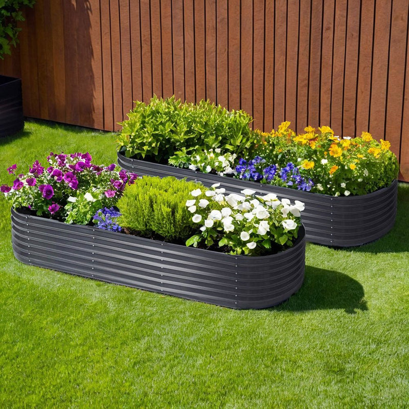 Home & Garden > Garden Beds > Garden Beds & Planters - 2x Raised Green Fingers Garden Bed 240X80X42cm Oval Planter Box Container Galvanised - Garden Yard