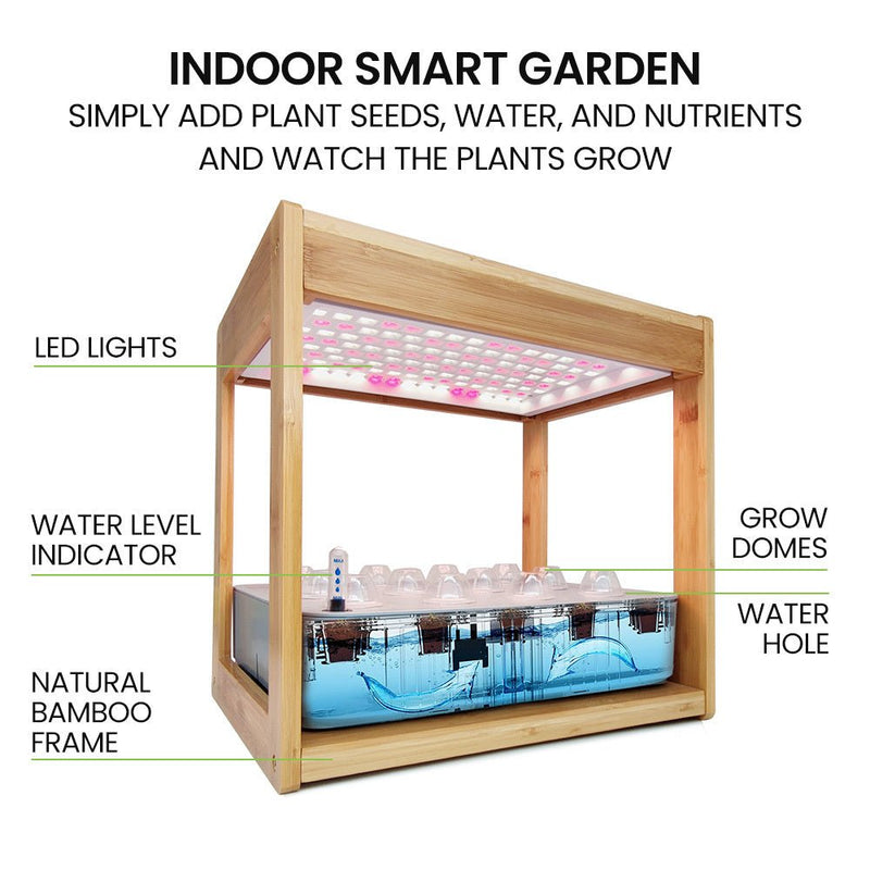 Home & Garden > Garden Beds > Garden Beds & Planters - PLANTCRAFT 12 Pod Indoor Hydroponic Growing System with Bamboo Frame & LED Lights - Garden Yard