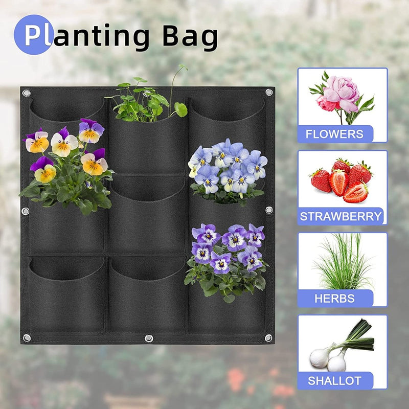 Home & Garden > Garden Beds > Grow Bags - 9 Pockets Wall Hanging Planter Planting Grow Bag Vertical Garden Vegetable Flower Black - Garden Yard
