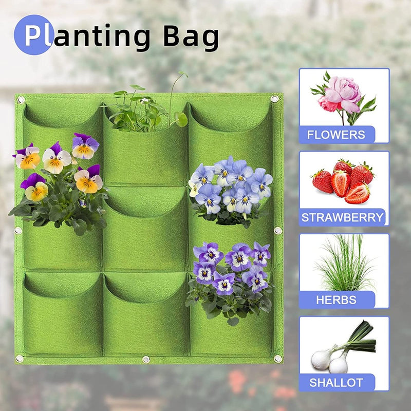 Home & Garden > Garden Beds > Grow Bags - 9 Pockets Wall Hanging Planter Planting Grow Bag Vertical Garden Vegetable Flower Green - Garden Yard