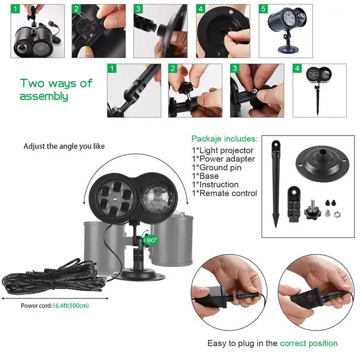 Home & Garden > Garden Lights > In - Ground Lights - Bracket Outdoor Waterproof Lawn Dual - Tube Projection Light – LED Halloween & Christmas Dynamic Water Ripple Animation, Replaceable 12 Slides, Stake or Stand Mountable - Garden Yard