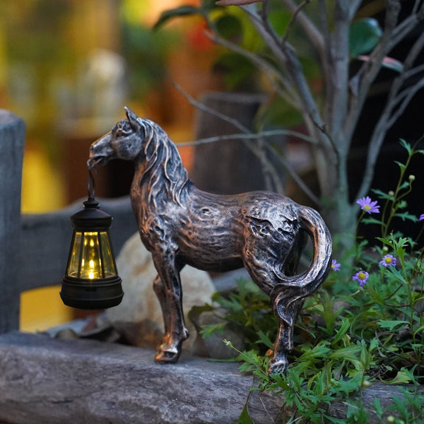 Home & Garden > Garden Lights > In - Ground Lights - Brown Solar - Powered Horse Statue with LED Lantern - Rustic Outdoor Garden Ornament - Garden Yard