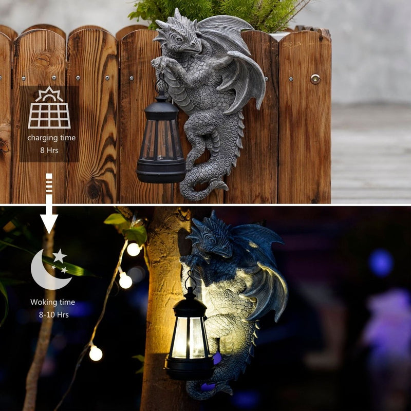 Home & Garden > Garden Lights > In - Ground Lights - Solar - Powered Dragon Statue with LED Lantern - Gothic Outdoor Wall Hanging Decor - Garden Yard